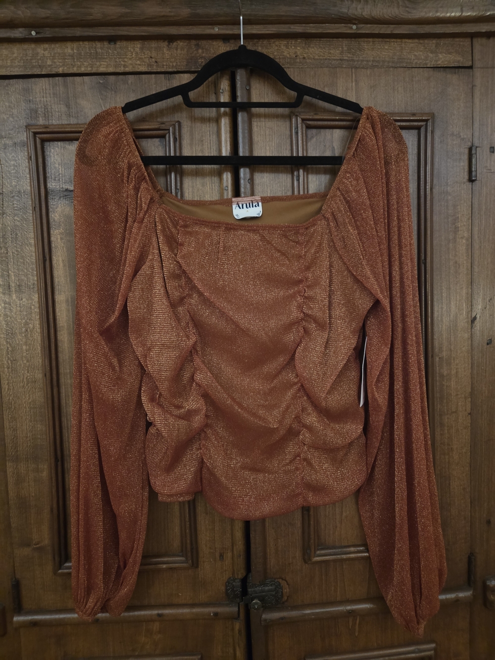 ARULA Rusty Copper Shimmer Ruched Long-Sleeve Blouse